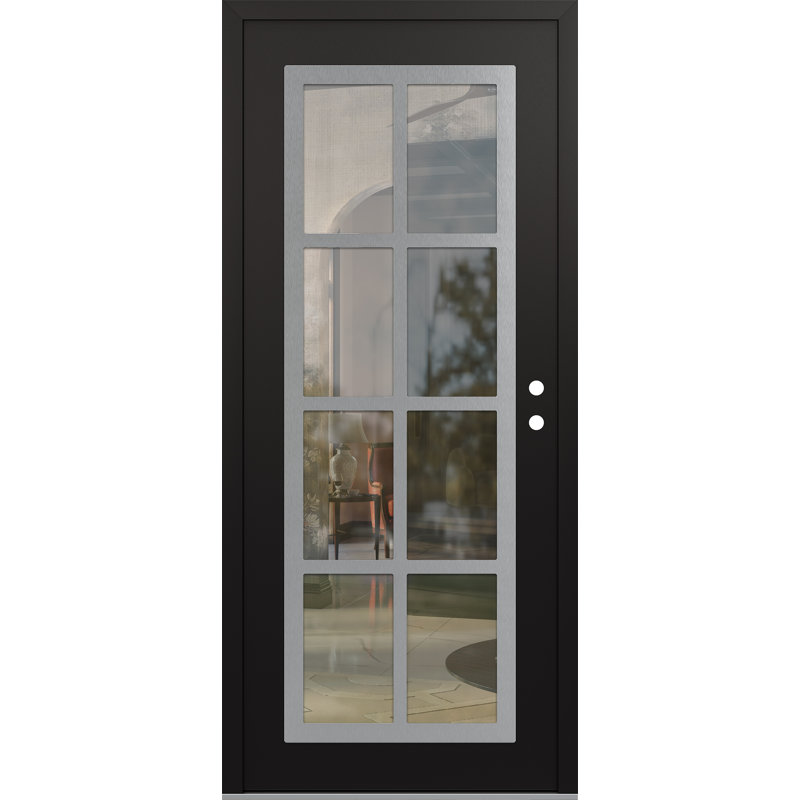 C16 à gauche 36 po X 80 po Porte d'entrée avant à panneau pré-montée en verre argenté noir et noir à panneaux, Gauche