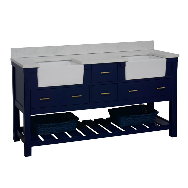 Hitton 72'' Double Bathroom Vanity with Top, Royal Blue, Engineered Carrara