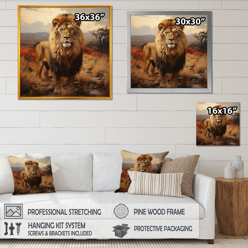 Décoration murale lion d'Afrique, Savannah II, Cadre flottant doré, H 30 po x l 30 po x P 1,5 po