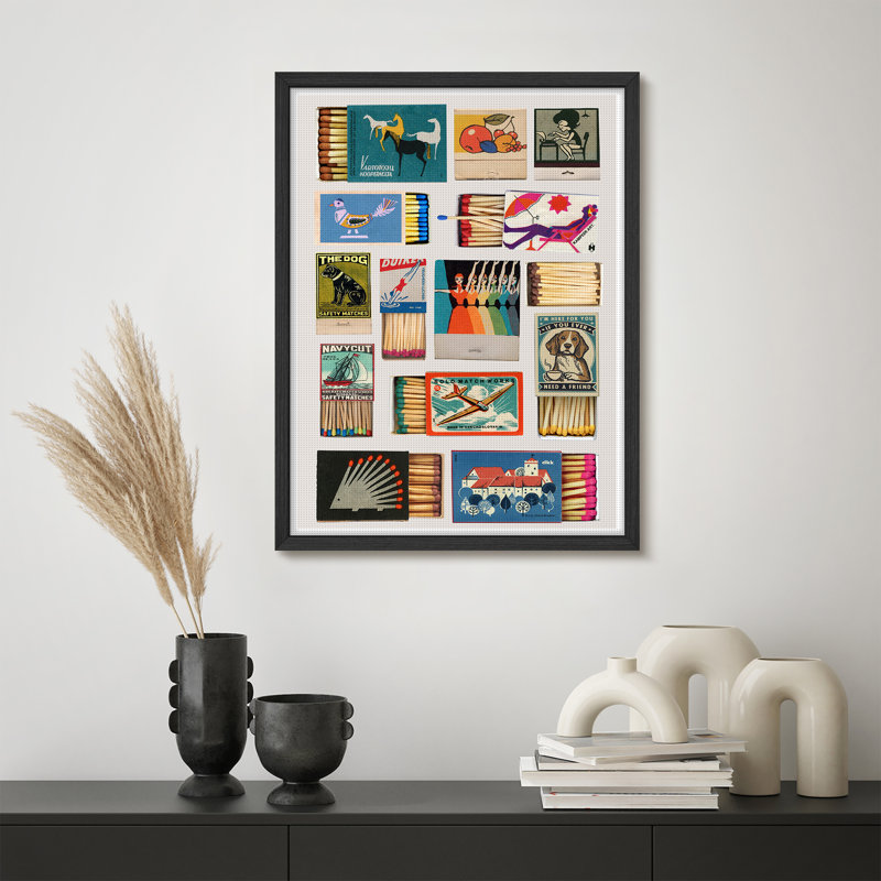 Framed Vintage Matchbox Print Wall Art, Retro Pop Graphic Poster for Game Room or Eclectic Living Space Decor, 14" H x 11" W