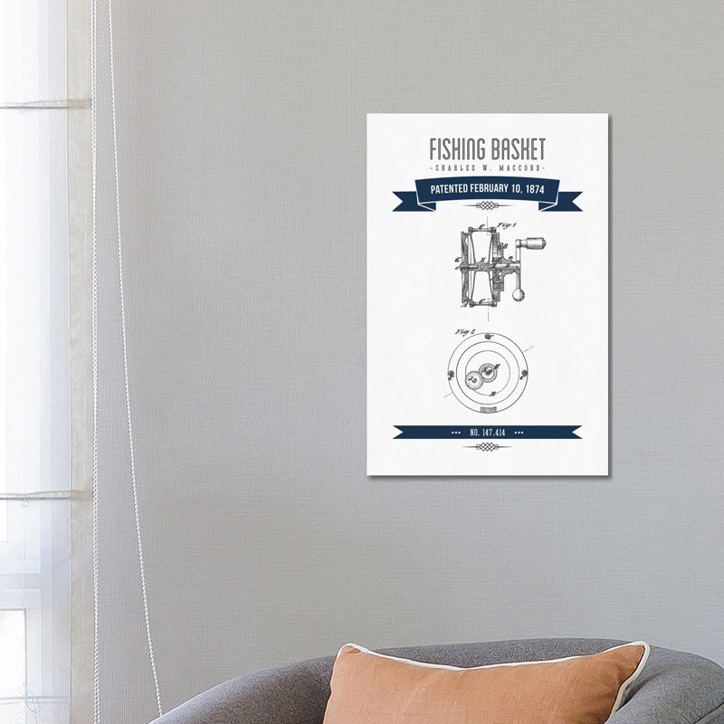 Charles W. MacCord Fishing Reel Patent Sketch Retro (Navy Blue) by Aged Pixel - Wrapped Canvas Gallery-Wrapped Canvas Giclée