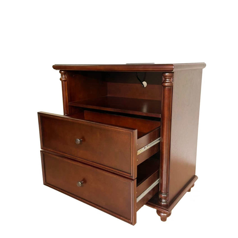 Table de chevet rustique avec station de charge et deux tiroirs Chargenest, Walnut