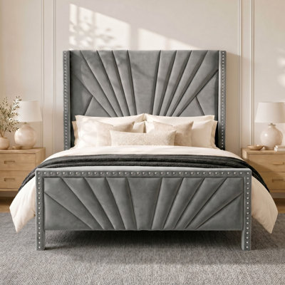 Velvet Upholstered Sleigh Queen Bed Frame With Headboard, Gray
