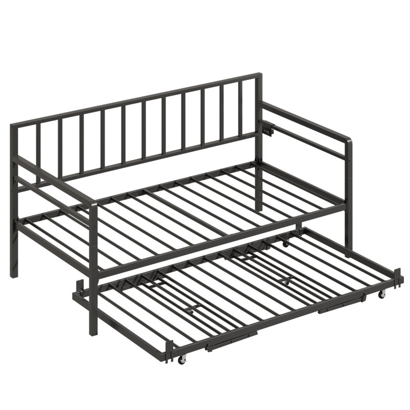 Twin Daybed With RGB LED Lights & Charging Station, Height Adjustable Day Bed Frame With Trundle, Versatile Metal Sofa Bed Frame For Bedroom, Living Room, Guest Room, Black