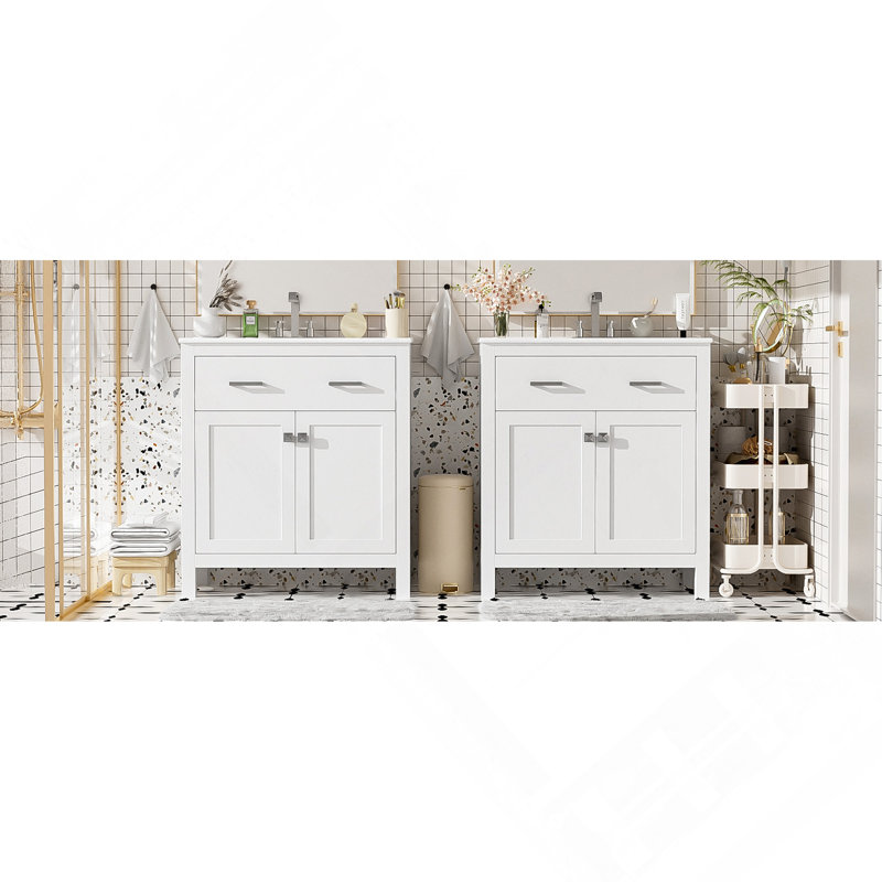 Ensemble de meuble-lavabo moderne 60 po blanc avec lavabos doubles (séparés), lavabos doubles en céramique, tablette réglable, portes à fermeture en douceur et tiroir rabattable