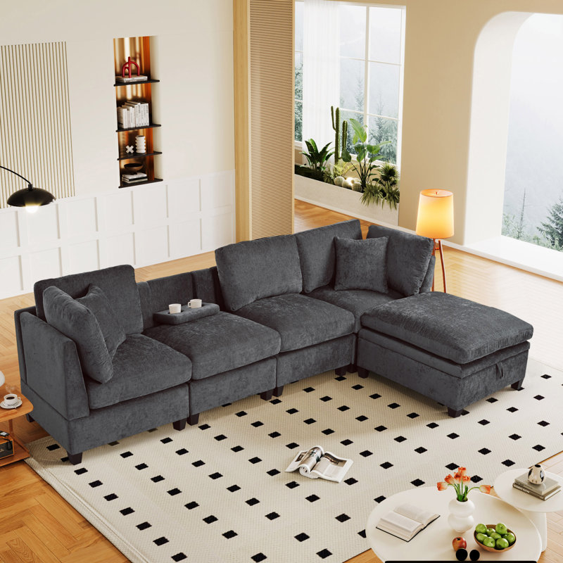 Canapé modulaire avec repose-pieds 5 pièces Zenfield, Mélange de polyester gris