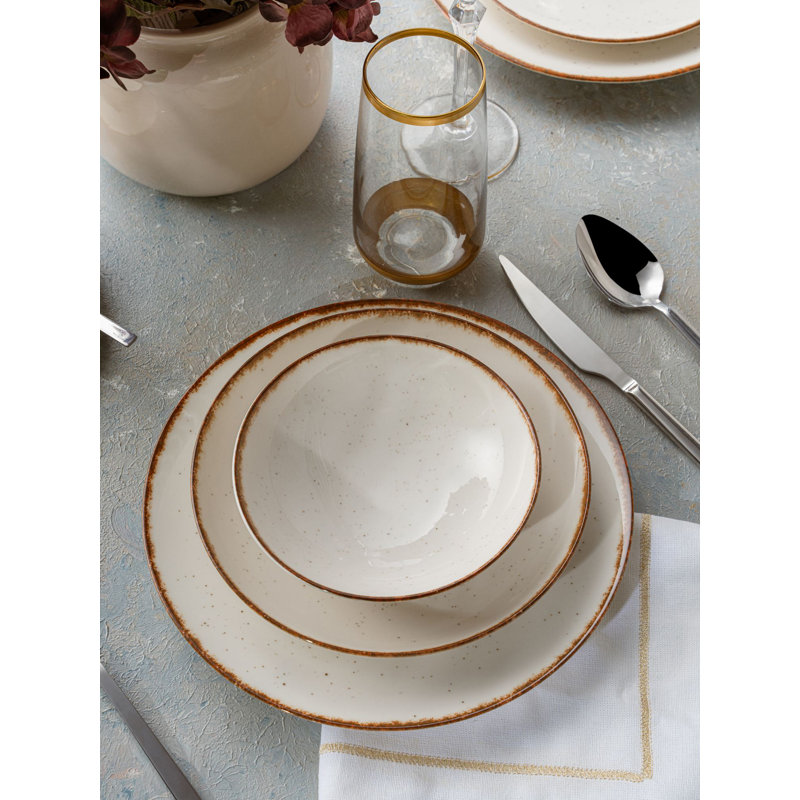 Elegant 24-Piece Dinner Set, 100% Porcelain, White & Brown | Includes 6 Service Plates (9.8 x 9.8 x 1.2 in), 6 Plates (7.9 x 7.9 x 1.6 in), 6 Bowls (5.9 x 5.9 x 1.8 in), 6 Dessert Plates (7.9 x 7.9 x 0.8 in) | Dishwasher & Microwave Safe