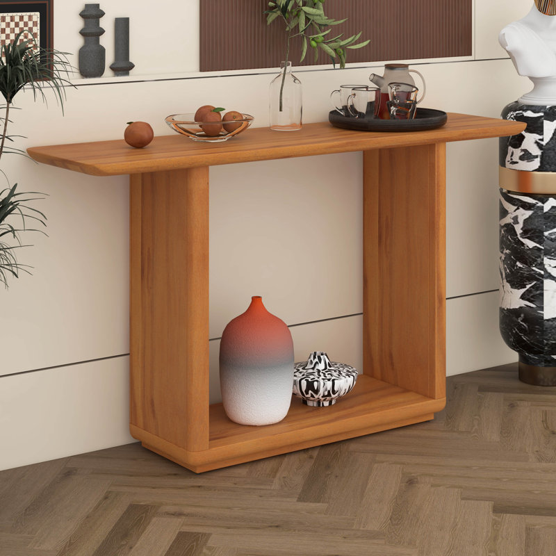 Console avec coins arrondis et tablette inférieure, tables de canapé minimalistes avec placage en bois et base en U pour le hall d'entrée
