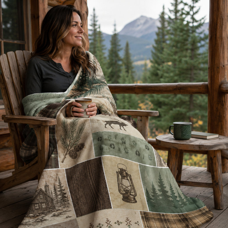 Plaid rustique en flanelle patchwork avec ours, orignal, lanterne et lac de montagne, motif écossais de forêt, idéal pour canapé, lit, chalet ou fauteuil de lecture, 101,6 x 127 cm