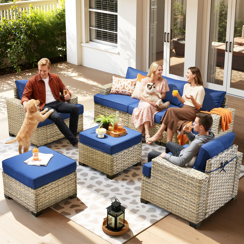 Outdoor Furniture 7 Pieces Set With Ottoman, Navy