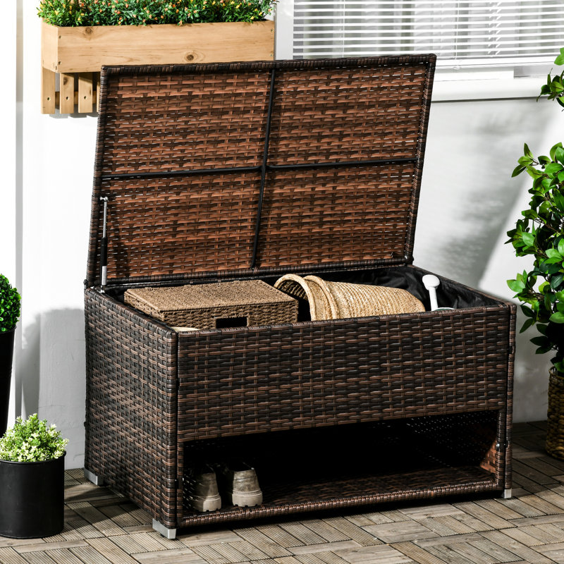 Boîte de terrasse pour patio: Rangez les essentiels de la piscine. Pe, brun, outil de jardin à compartiments avec cadre thermolaqué. Assemblage requis