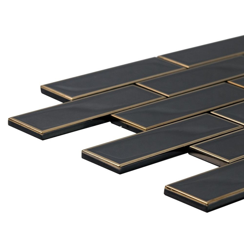 Athena Black 15" X 12" Glass Mosaic Wall Tile, Gold