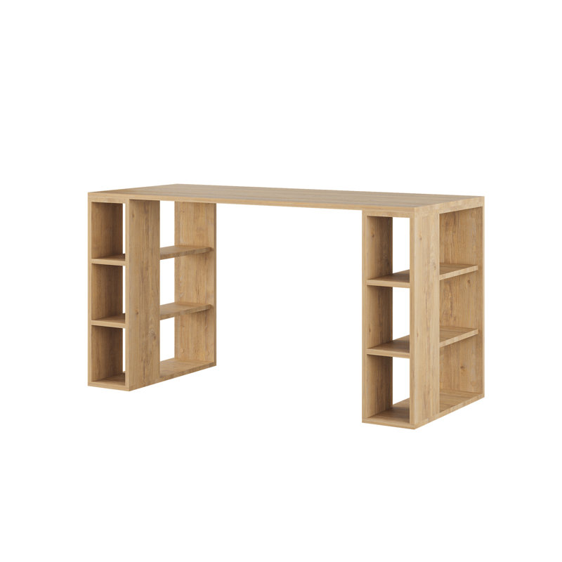 Simone Modern Desk with Built-in Bookcase – Stylish Workspace Desk with 6 Open Shelves, Saphire Oak, Saphire Oak