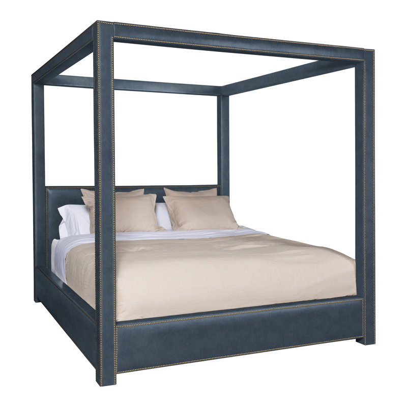 Eastwood Queen Upholstered Low Profile Four Poster Bed, Saloon Jeans, Yes