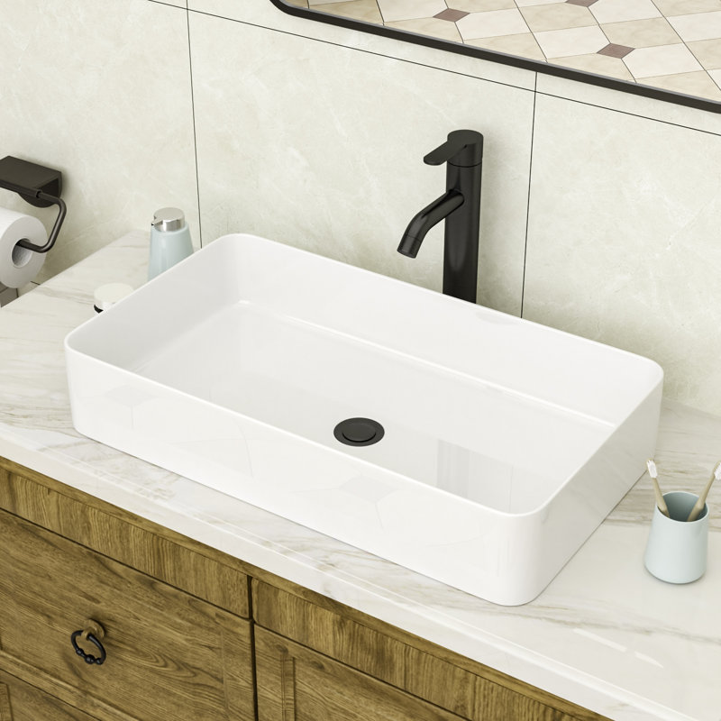 24" L x 13.5" W Rectangular Vessel Sink Rectangular Ceramic Bathroom Sink Above Counter Vessel Sink, White