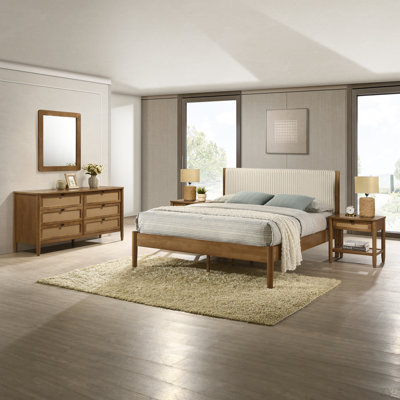 Ensemble de chambre à coucher en bois d'hévéa 5 pièces Vichy avec grand lit tapissier, commode, miroir et 2 tables de chevet