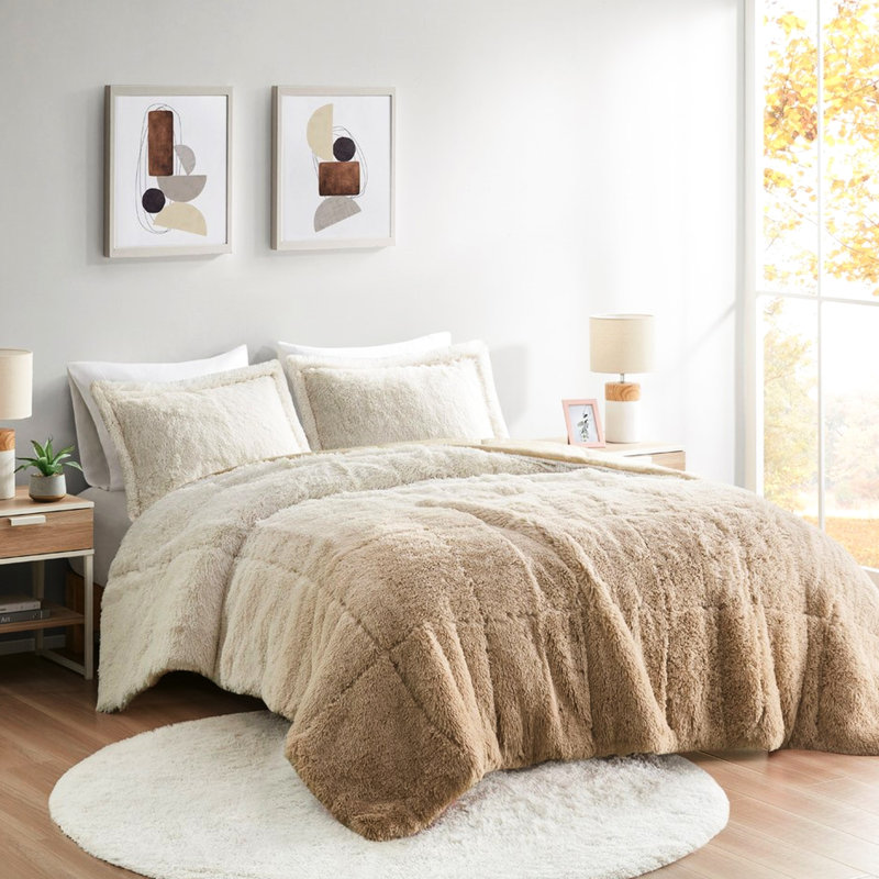 Queen Size Ombre Shaggy Comforter Mini - Filling, , Warm Faux Mink Reverse, 2 Coordinating Shams Fur , Matching