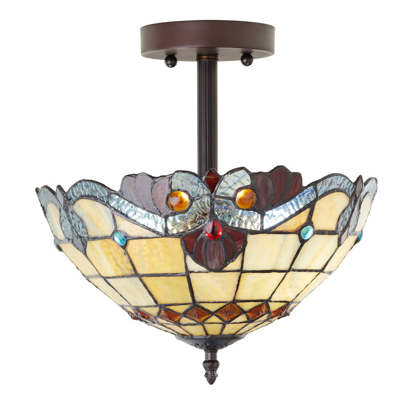 13"H Amelia Blue And Amber Stained Glass Shade Traditional Semi-Flushmount Ceiling Light, Red