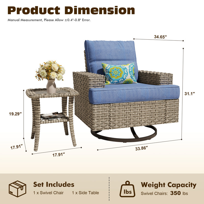 Carolle Outdoor Swivel Rocking Chair Set With Side Table, Wicker Patio Lounge Chair With Cushions & Wide Armrests, Denim Blue