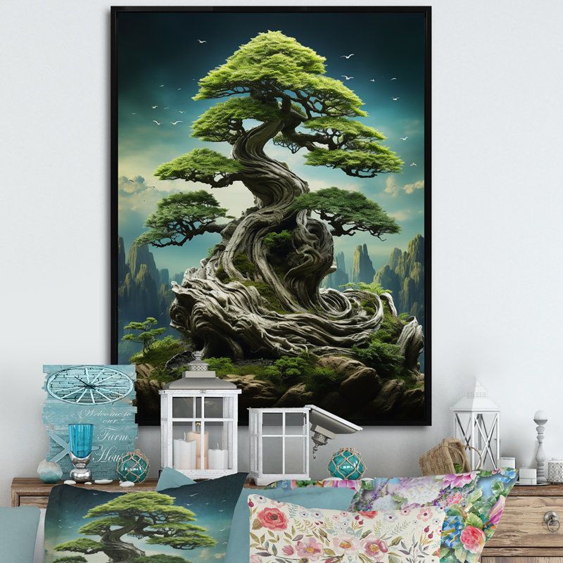 Art asiatique, sagesse bonsaï II, H 40 po x l 30 po x P 1,5 po, Toile avec cadre flottant noir