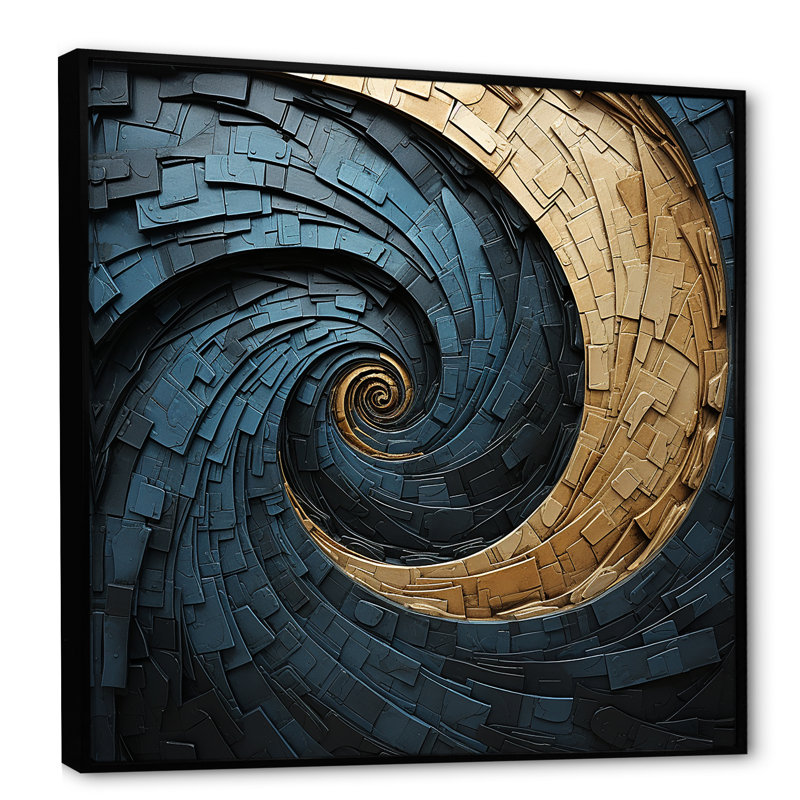 Gold Teal Minimalisme - Spirales abstraites, Cadre flottant noir, H 16 po x l 16 po x P 1 po