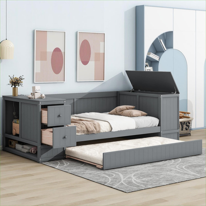 Space-Saving Twin Size Platform Daybed with Storage Arms, Trundle and Charging Station, Solid Wood Cool Gray, Gray