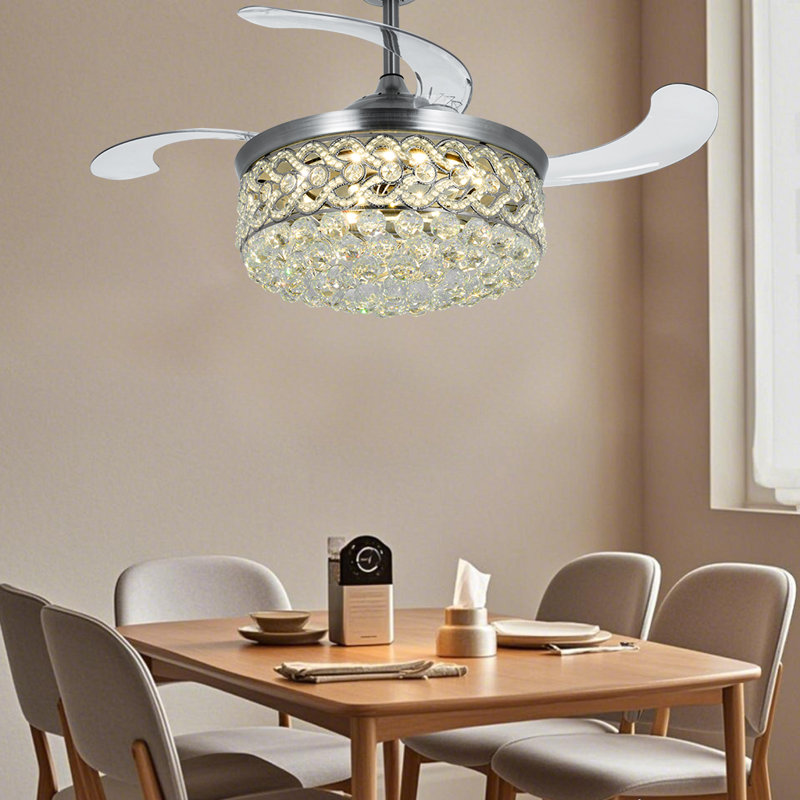 42-inch Silver Heart-shaped Crystal Invisible Fan Light With Remote Control And Three-tone Lighting