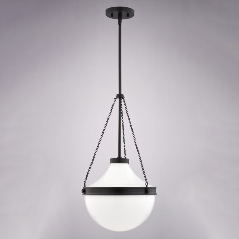 Lincoln 1-Light 12.75 in. Wide Matte Black Globe Mini Pendant with White Milk Glass Shade, Adjustable Height Hanging Ceiling Fixture for Dining Table, Kitchen, Entryway, Island, Foyer