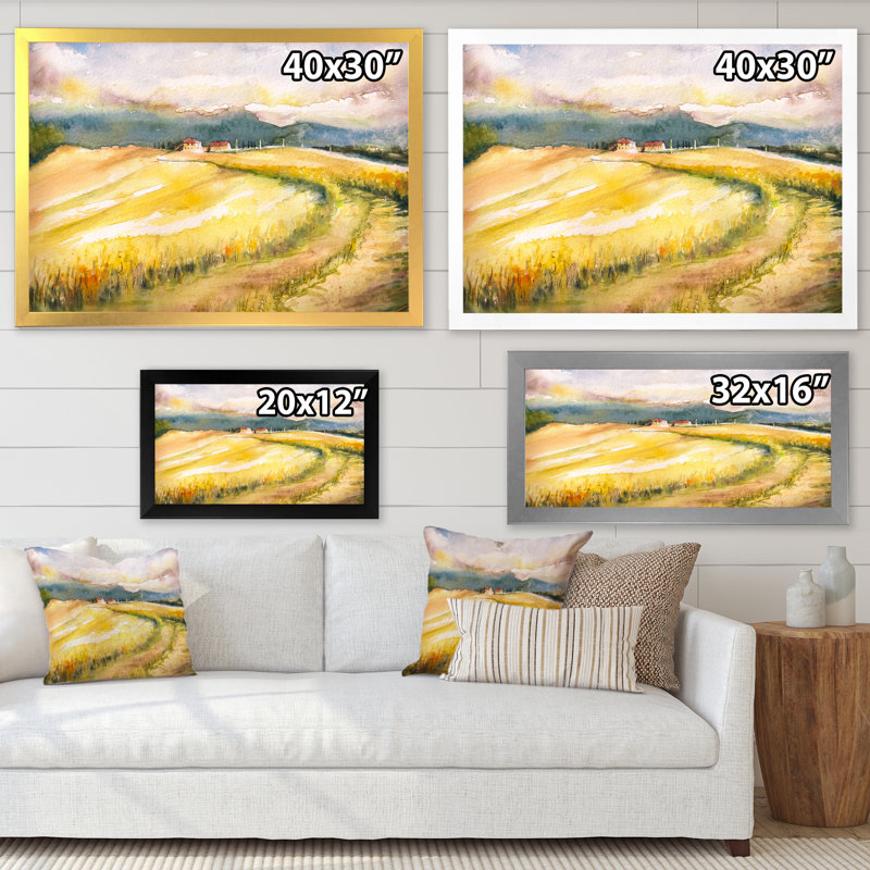 «Italian Blossoming Hayfields», peinture sur toile, H 12 po x l 20 po, Cadre flottant noir