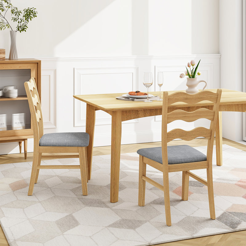 Natural Rubber Wood Dining Chairs with Gray Padded Seats, Set of 2