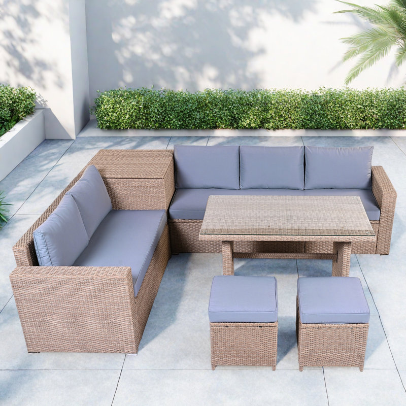 6-piece All Weather Pe Rattan Sofa Set With Adjustable Seat, Storage Box, Removable Covers And Tempered Glass Top Table