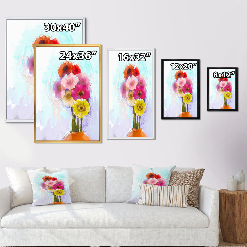«Paintbrush Gerbera Flower Impression» - Art mural sur toile traditionnel, L 8 po x H 12 po x P 1 po, Cadre flottant blanc