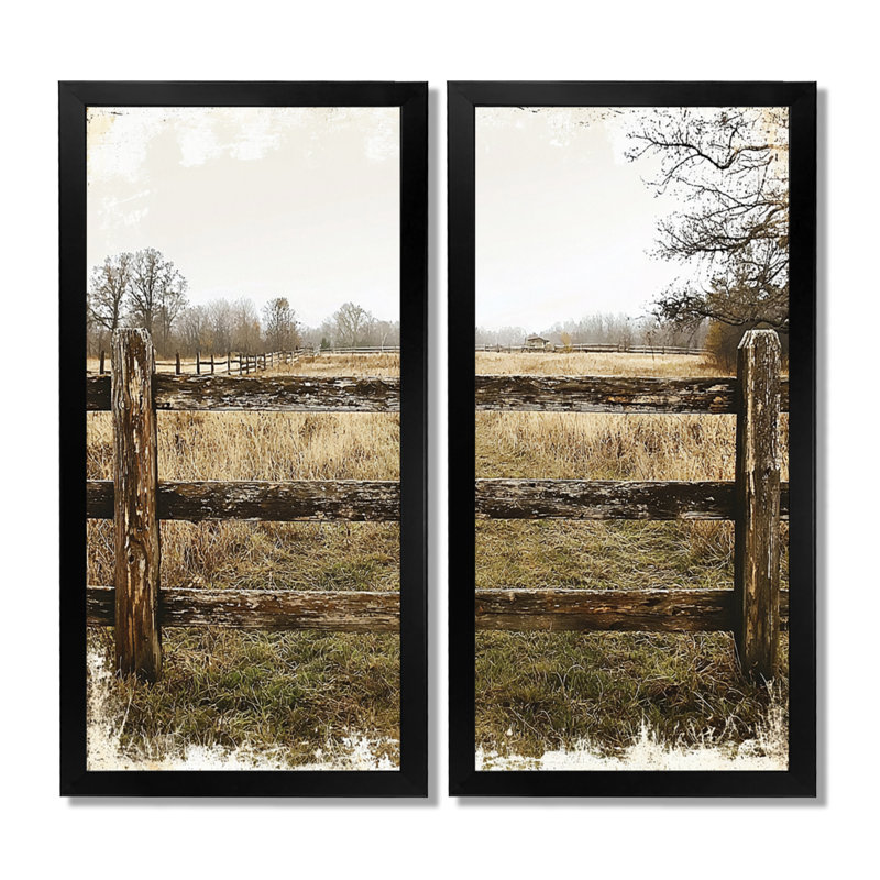 Gris et brun, ferme, paysage, clôture rustique, H 20 po x l 24 po, Impression encadrée, Noir
