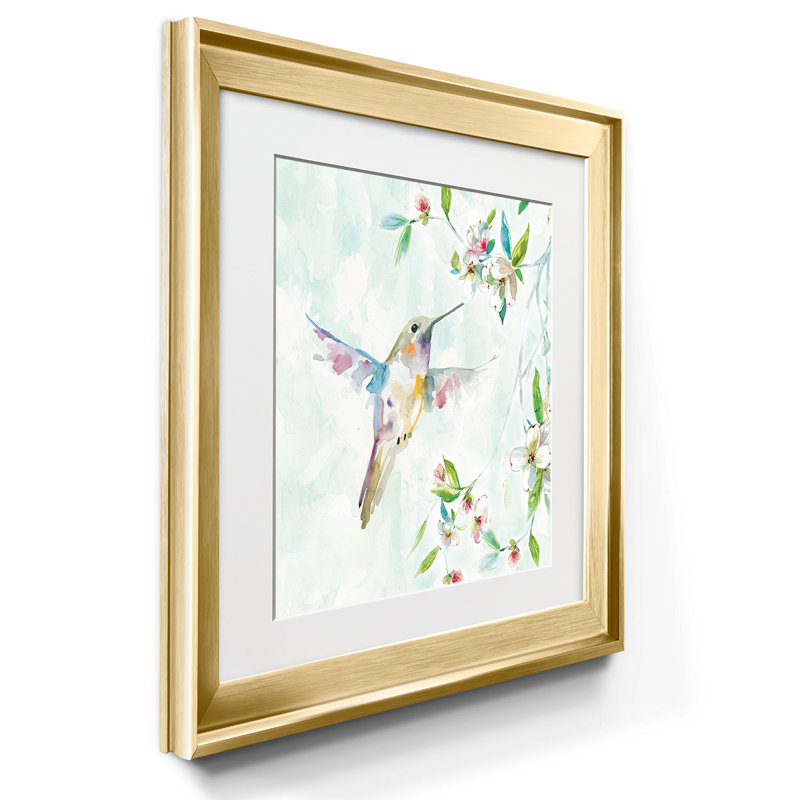 Colibri I - peinture encadrée sur papier, Papier encadré doré, H 17,5 po x l 35 po x P 1,5 po, Blanc