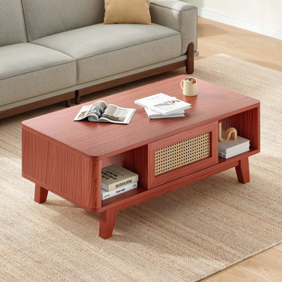 Table basse Mid-Century carrée avec tiroir en rotin et pieds en bois massif