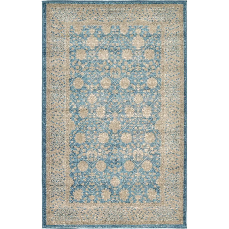 Tapis bleu à motif floral Linz, Rectangle 3 pi 3 po x 5 pi 3 po