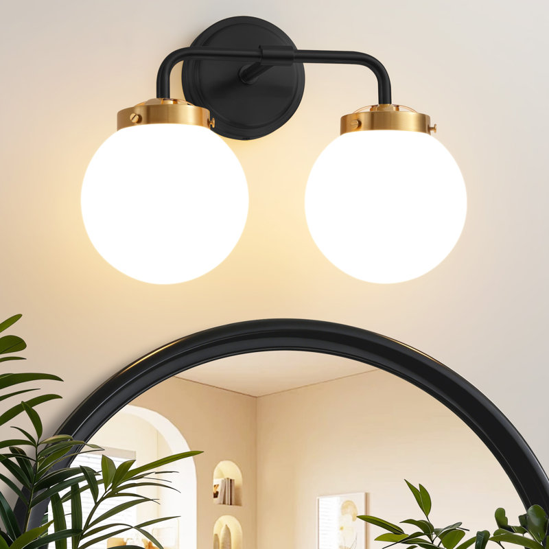 Luminaire de salle de bain à intensité variable avec abat-jour en verre soufflé à la main Karlei, Blanc, Noir et or, 2