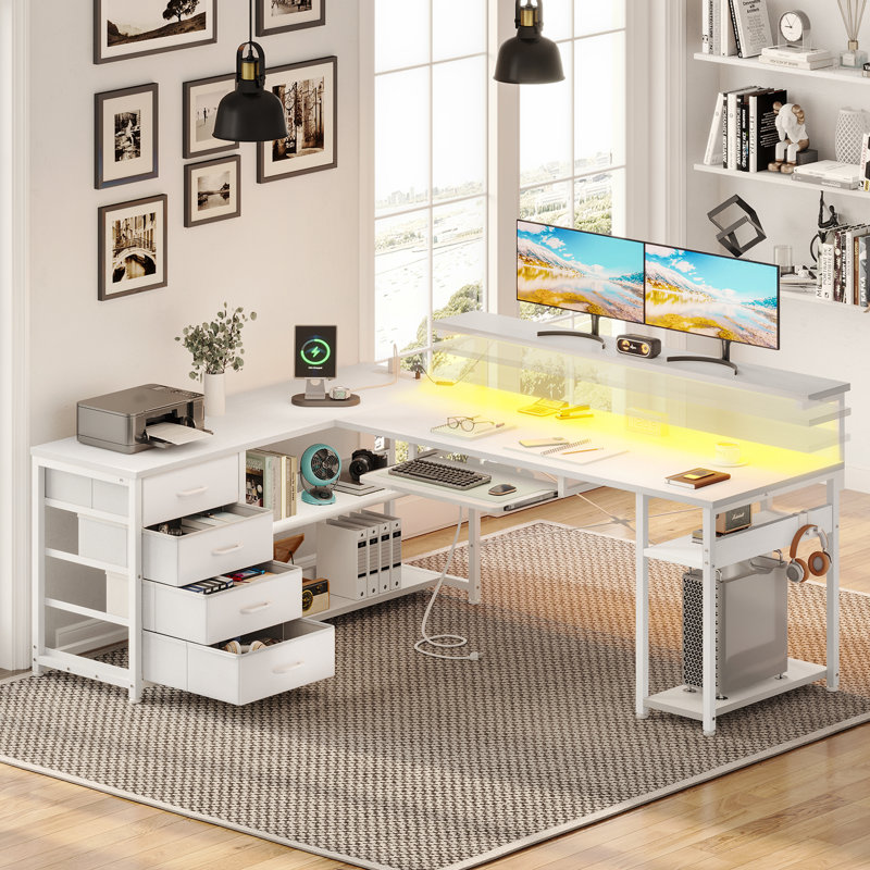 Lymon L-Shaped Metal Base Computer Desk with Power Outlet, White