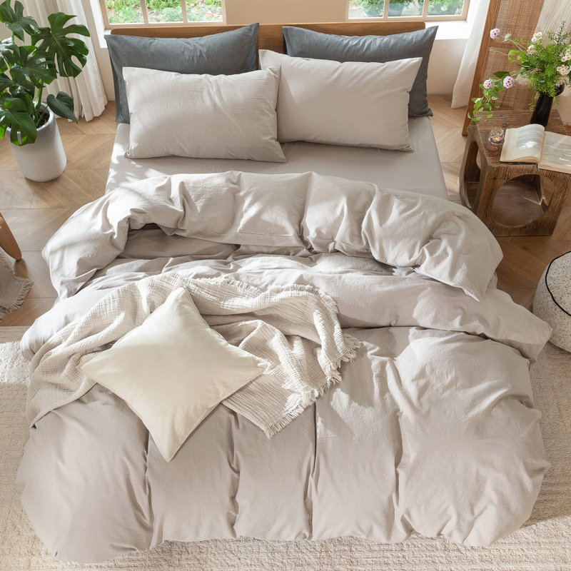 MooMee Lightweight Duvet Cover Set with Zipper Closure 8 Ties 100% Washed Cotton Linen Like Textured Soft Breathable All-Season
