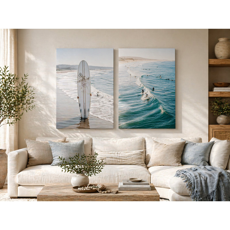 Ensemble de 2 impressions sur toile côtières, vagues de l'océan et planche de plage, art mural moderne neutre pour le salon, la chambre et la salle de bain