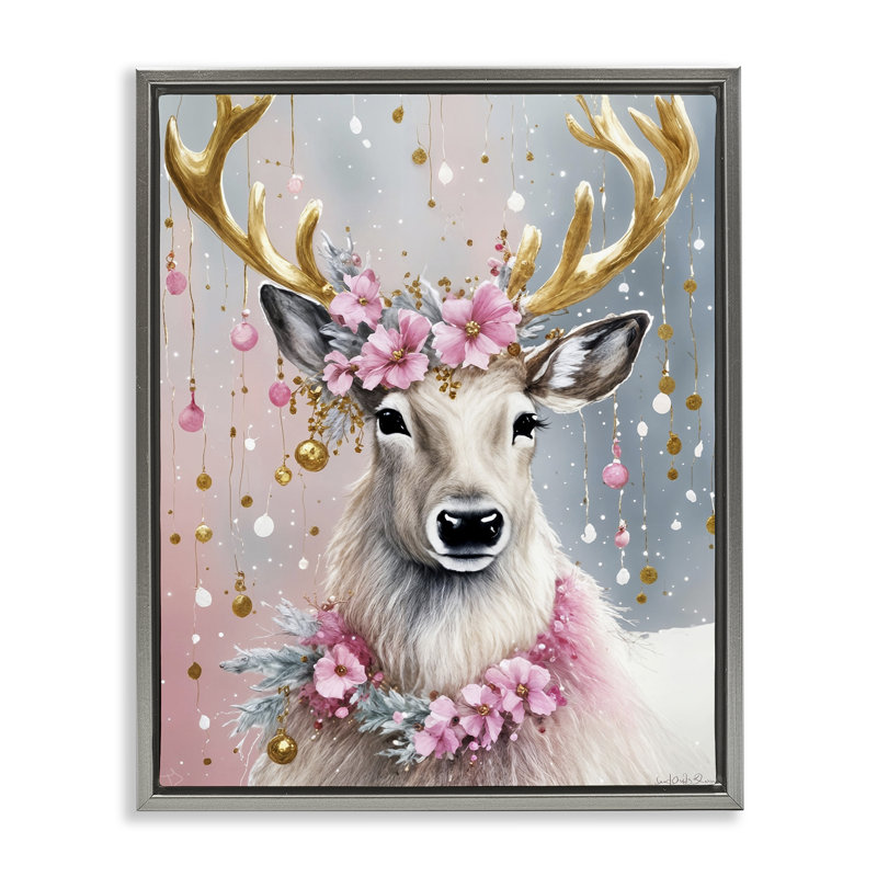 «Pink Floral Festive Reindeer», art mural sur toile par Tabz Jones