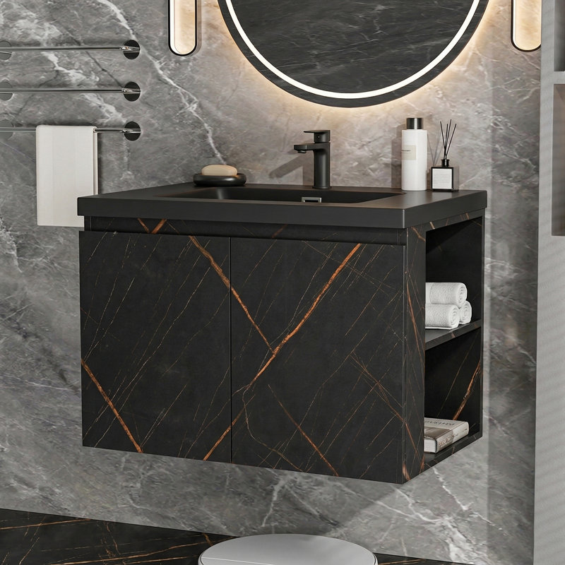 28" Wall-Mounted Black Bathroom Vanity Set with Integrated Resin Sink and Drain Assembly