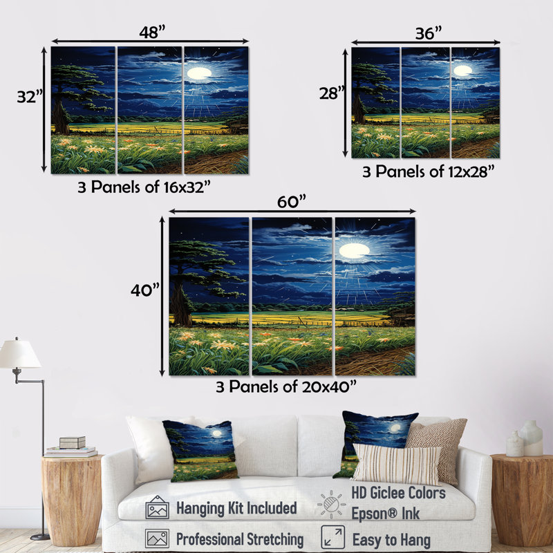 «Moonlight Magic Over Blossoming Green Fields», ensemble d'art mural de ferme, Toile tendue, H 40 po x l 60 po x P 1 po