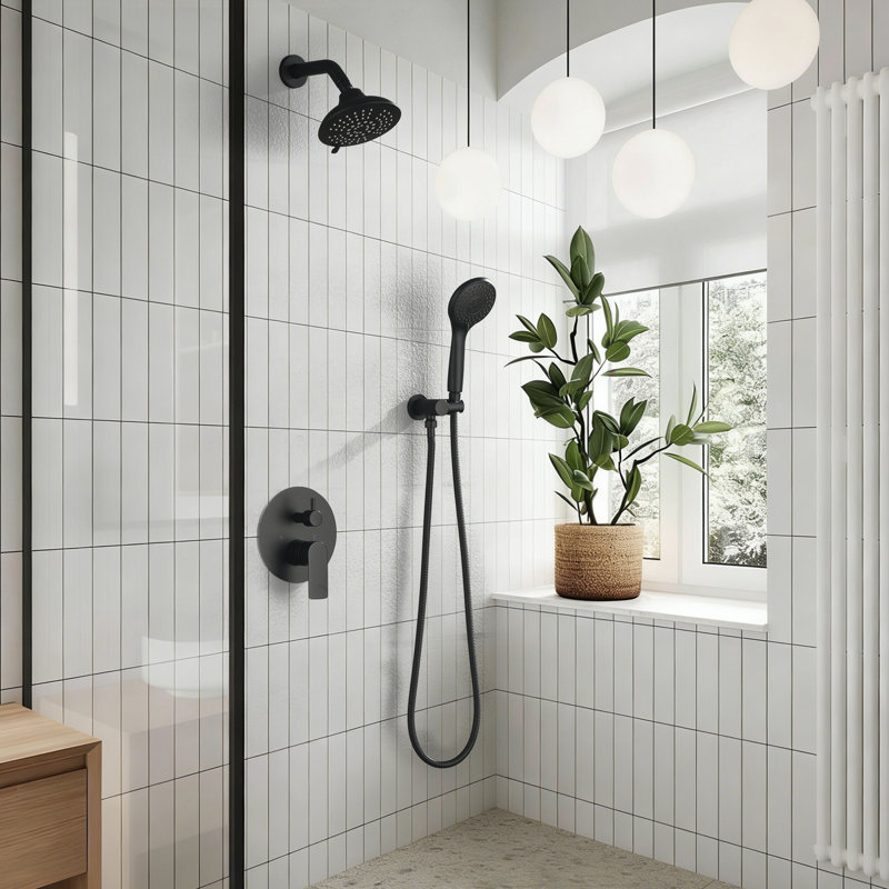 Wall Mounted Solid Brass Complete Shower System,5 Functions Shower Kit With Rough-In Valve, Matte Black