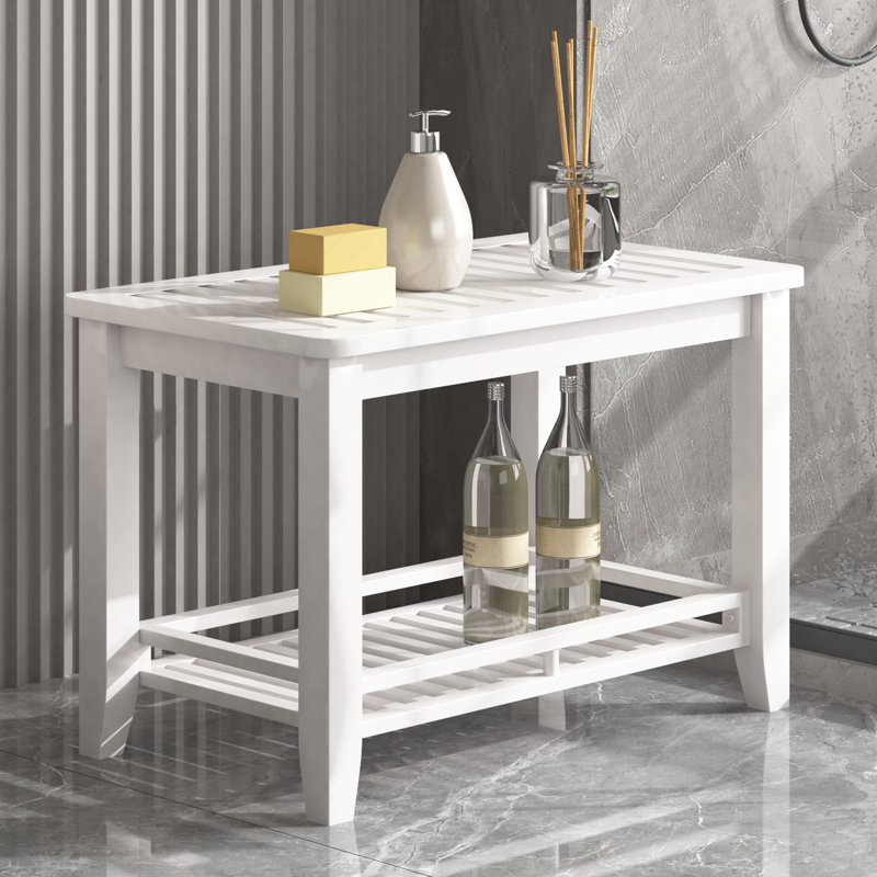 Bamboo Shower Bench Seat with Storage Shelf, White