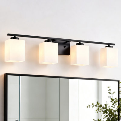 4 lumières de meuble-lavabo d'intérieur noir mat 4 lumières 32 po avec abat-jour carrés en verre gravé blanc