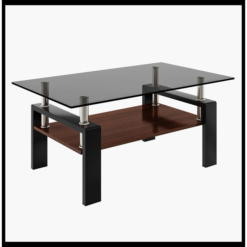 Table basse rectangulaire, plateau en verre trempé avec panneau de fibres à densité moyenne, table moderne pour le salon, verre gris