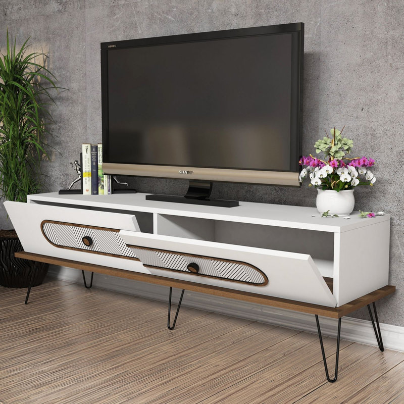 Meuble télé moderne blanc avec pieds en métal 57,1 po x 17,7 po x 15,7 po | 100% panneau de particules enduit de mélamine, épaisseur: 0,7 pouce | Comprend plusieurs tablettes et une conception murale, aspect géométrique élégant pour les espaces contemporains