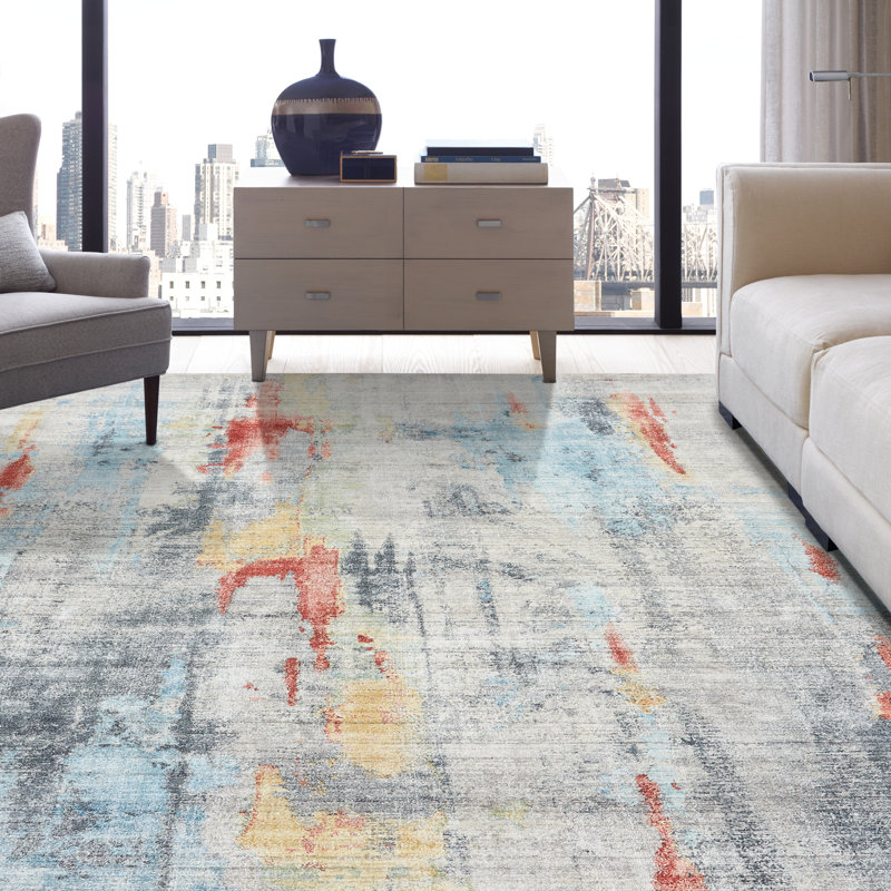 Abstract Area Rug in Gold, Rectangle  8'6" x 11'6", Orange/Yellow/White