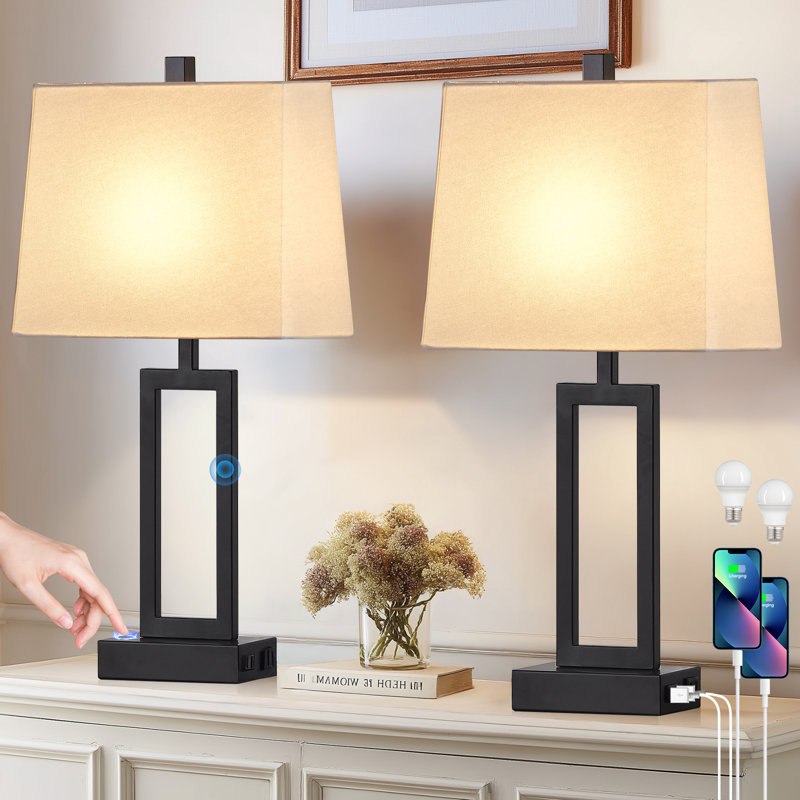 Damajae 23.5" Metal USB Table Lamp Set with Touch Control and AC Outlet, White